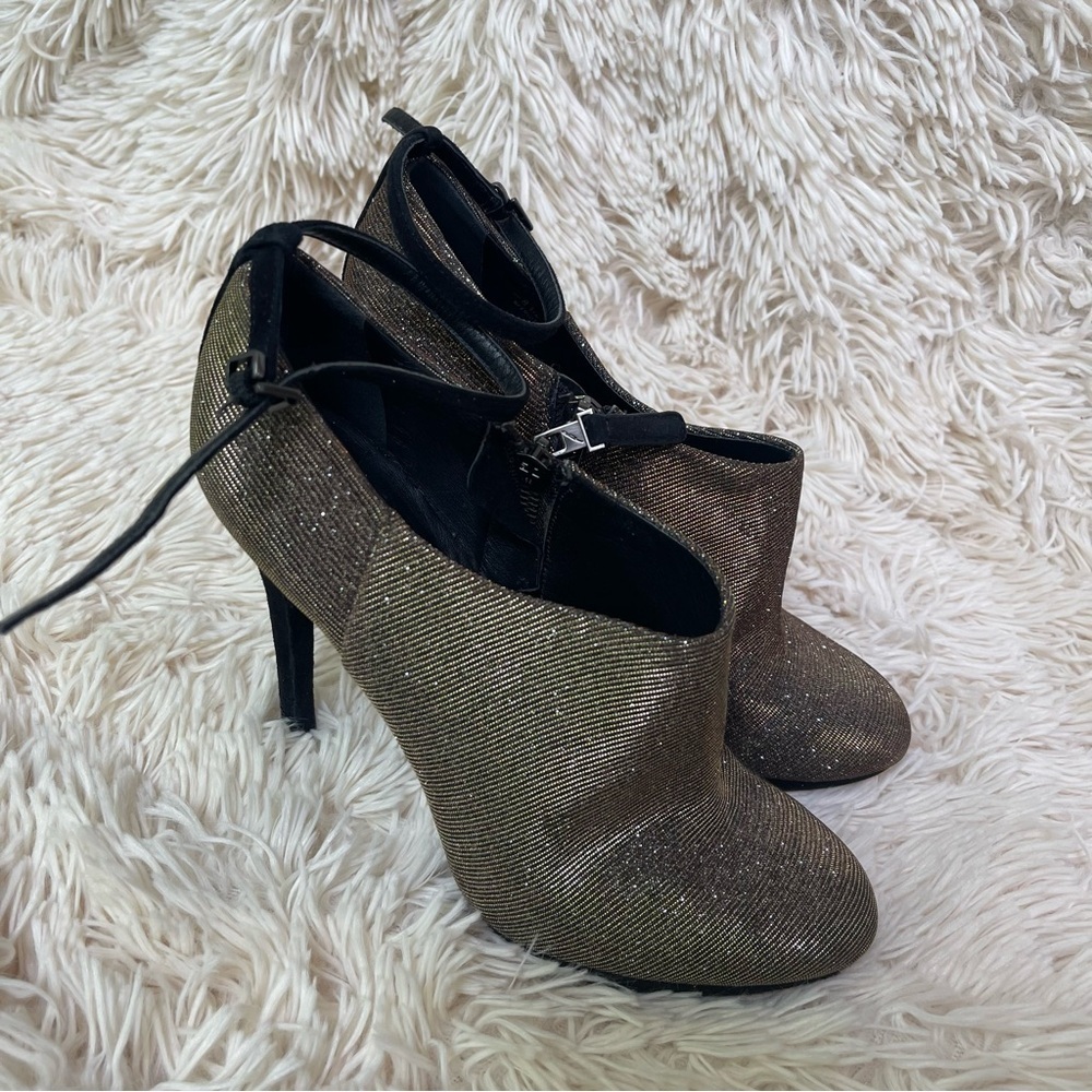 Brian Atwood Silver Ankle Boot Fruitera Shimmer Glitter Black Suede Sz 8.5